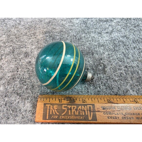 Vintage Glass Teal Ball Christmas Ornament with Metallic Stripes 2 in - Picture 3 of 4